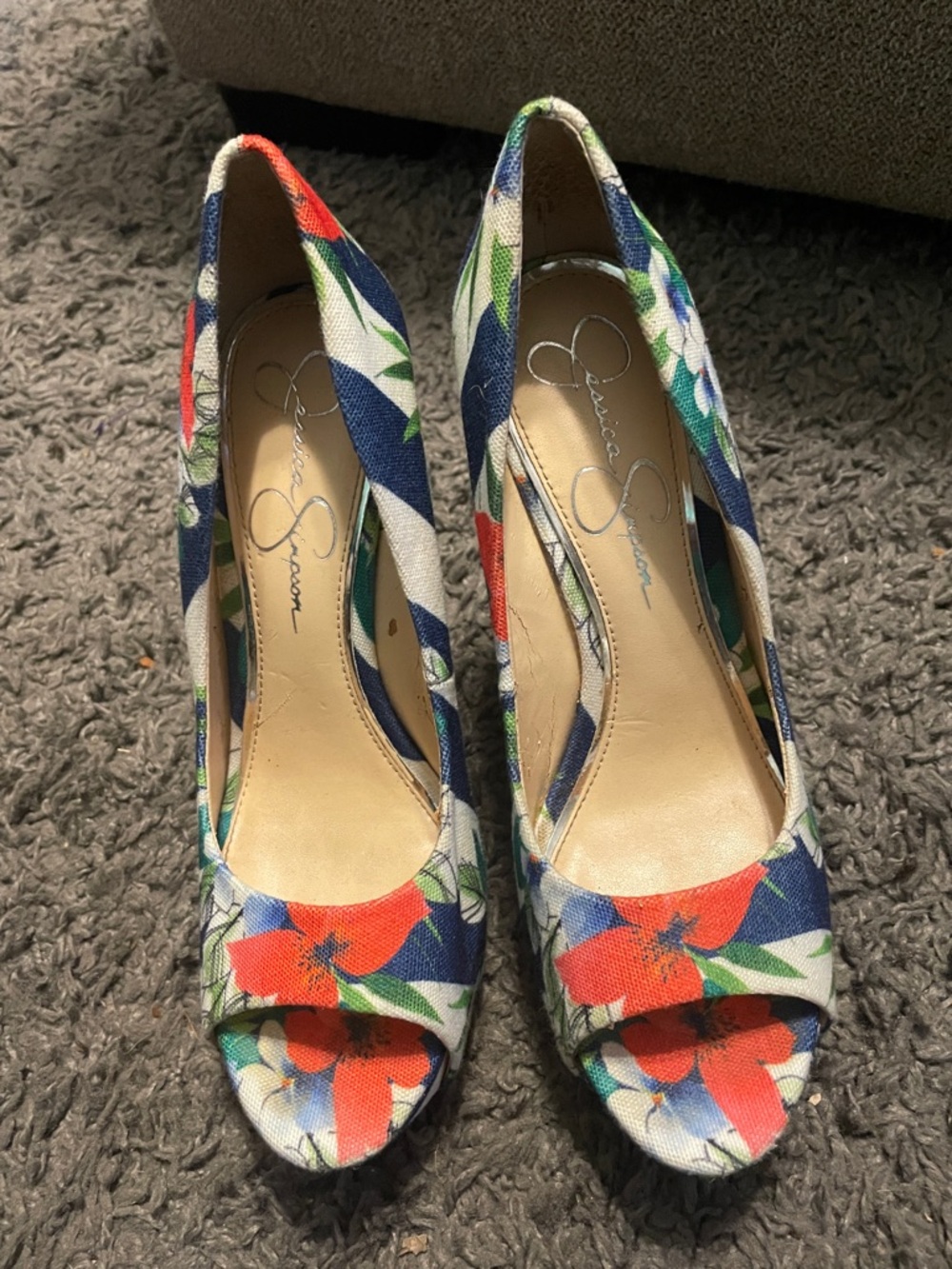 Jessica Simpson Coral & Navy Floral Peep-Toe Heels